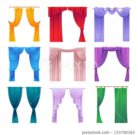 Curtains. Decor for living rooms exact vector luxury textile decoration curtains in cartoon style 133780163