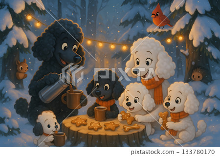 Cartoon Poodle Family Drinking Hot Cocoa and Eating Cookies in Snowy Forest Cartoon Poodle Family Drinking Hot Cocoa and Eating Cookies in Snowy Forest 133780170
