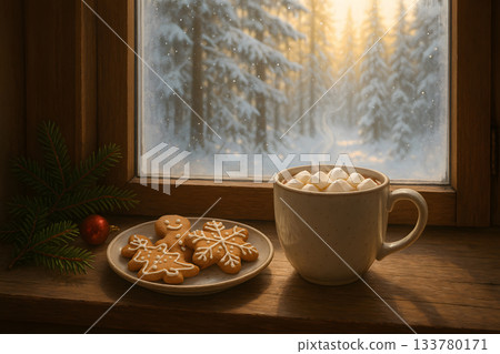 Hot Cocoa and Gingerbread Cookies on a Cozy Window Sill with Snowy Forest View Hot Cocoa and Gingerbread Cookies on a Cozy Window Sill with Snowy Forest View 133780171