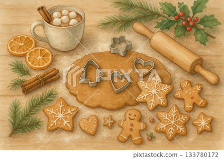 Watercolor Flat Lay of Christmas Gingerbread Baking with Cocoa and Spices Watercolor Flat Lay of Christmas Gingerbread Baking with Cocoa and Spices 133780172