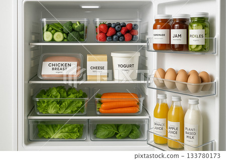 Open Refrigerator Full of Healthy Organic Food and Fresh Produce 133780173
