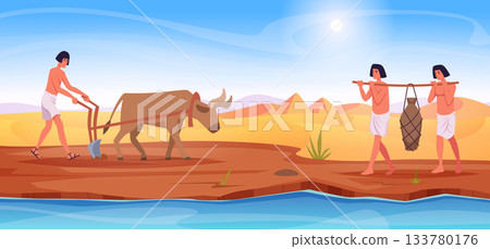 Egypt. Outdoor cartoon illustration of working egyptian people exact vector background Egypt. Outdoor cartoon illustration of working egyptian people exact vector background 133780176