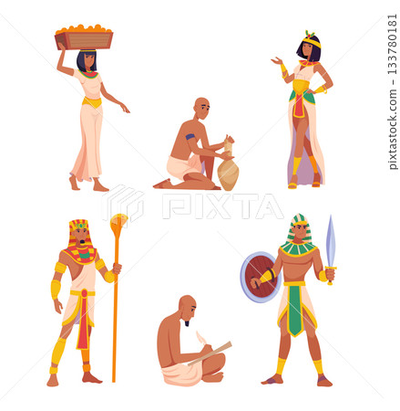 Egypt. Authentic ancient characters egyptian persons in action poses exact vector historical concept illustration of people 133780181