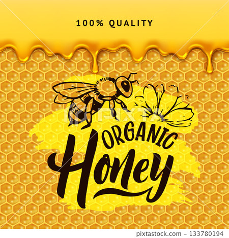 Honey poster. bee and lettering logo of organic honey. vector placard 133780194