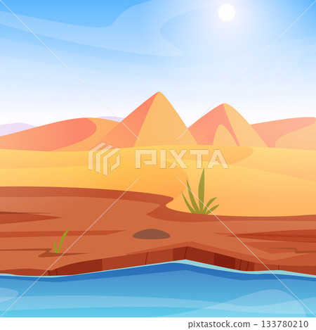 Desert. cartoon landscape with desert sands and pond 133780210