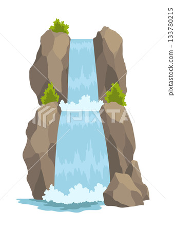 Cartoon river cascade waterfall. Landscape with mountains and trees. Design element for travel brochure or illustration mobile game. Fresh natural water Cartoon river cascade waterfall. Landscape with mountains and trees. Design element for travel brochure or illustration mobile game. Fresh natural water 133780215