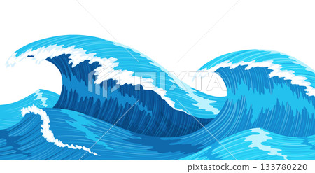 Ocean waves, splash water, marine sea storm element. Blue sea or ocean wave with spray, foam on crest. Vector illustration Ocean waves, splash water, marine sea storm element. Blue sea or ocean wave with spray, foam on crest. Vector illustration 133780220