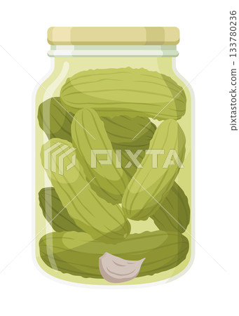 Homemade pickled cucumber. Clip-art of marinated food for packaging, label, menu, signboard or showcase. Fermented veggies, crunch gherkin with salt. Healthy vegetarian food Homemade pickled cucumber. Clip-art of marinated food for packaging, label, menu, signboard or showcase. Fermented veggies, crunch gherkin with salt. Healthy vegetarian food 133780236