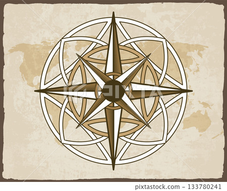 Retro nautical compass. Hand drawn wind rose on map background. Old vector design element for marine theme and heraldry. Vintage rose of wind for sea marine navigation 133780241
