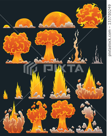 Explosion animation. Animation for game of the explosion effect. Cartoon animation for game. Exploding effect frames. Hand drawn vector illustration 133780249