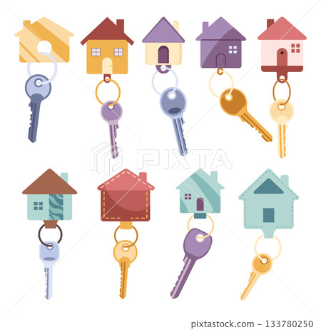 Door keys keyfobs set. Ring with trinket, keychains plastic tag hanging on keyring. House, apartment or room locking accessories. Cartoon flat vector isolated on white background Door keys keyfobs set. Ring with trinket, keychains plastic tag hanging on keyring. House, apartment or room locking accessories. Cartoon flat vector isolated on white background 133780250