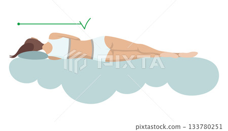 Correct sleeping body posture. Healthy sleeping position spine on orthopedic mattress and pillow. Caring for health of back, neck. Vector illustration 133780251