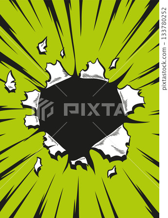 Comic book hole. Vector paper is torn through boom explosion. Circle hole in the middle on color background. Comic style cover template or flyer wallpapers Comic book hole. Vector paper is torn through boom explosion. Circle hole in the middle on color background. Comic style cover template or flyer wallpapers 133780252