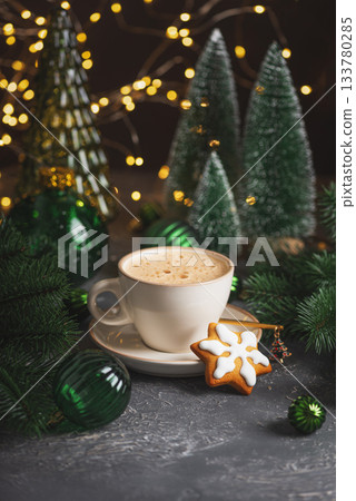 Mug of Coffee Latte and Christmas Gingerbread cookie into Pine Decor Mug of Coffee Latte and Christmas Gingerbread cookie into Pine Decor 133780285