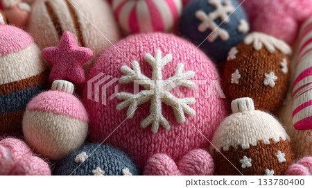 Cozy knitted Christmas ornaments in warm festive colors, creating a charming handmade holiday background perfect for seasonal designs and packaging 133780400