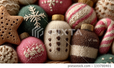 Cozy knitted Christmas ornaments in warm festive colors, creating a charming handmade holiday background perfect for seasonal designs and packaging 133780401
