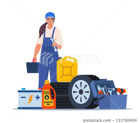 Woman mechanic with a toolbox. Girl character in uniform with wrench in her hand. Auto service accessories composition with tool kit, gasoline canister and battery. Vector illustration. 133780409