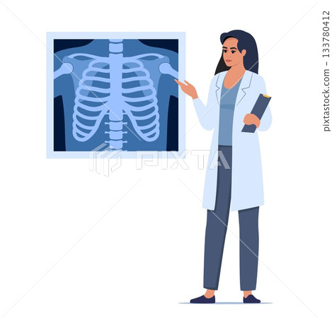 Doctor presenting human xray shot, gives a training lecture about anatomy. X ray of human skeleton chest. Medical seminar, lecture. Vector illustration. Doctor presenting human xray shot, gives a training lecture about anatomy. X ray of human skeleton chest. Medical seminar, lecture. Vector illustration. 133780412
