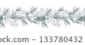 A seamless border pattern of pine branches with snowberries and a floral garland. A hand-drawn monochrome line art graphic illustration with pen and ink. Christmas, winter, and New Year s decor. 133780432