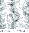 A seamless pattern of pine branches and cones, decorated with star-studded floral garlands. Hand-drawn monochrome line art graphic illustration pen and ink. Christmas, winter, New Year s prints. 133780433