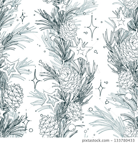 A seamless pattern of pine branches and cones, decorated with star-studded floral garlands. Hand-drawn monochrome line art graphic illustration pen and ink. Christmas, winter, New Year s prints. A seamless pattern of pine branches and cones, decorated with star-studded floral garlands. Hand-drawn monochrome line art graphic illustration pen and ink. Christmas, winter, New Year s prints. 133780433
