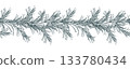 A seamless border pattern of pine branches with needles, a fluffy minimalist floral garland. A hand-drawn monochrome line art graphic illustration with pen and ink. Christmas, winter, New Year s decor 133780434