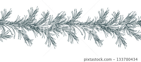 A seamless border pattern of pine branches with needles, a fluffy minimalist floral garland. A hand-drawn monochrome line art graphic illustration with pen and ink. Christmas, winter, New Year s decor A seamless border pattern of pine branches with needles, a fluffy minimalist floral garland. A hand-drawn monochrome line art graphic illustration with pen and ink. Christmas, winter, New Year s decor 133780434