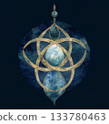 Intricate magic symbol featuring celestial elements, designed with elegant curves and rich textures reflecting an otherworldly essence, suitable for use in various mystical themes 133780463
