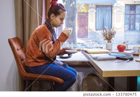 Young woman reading a book and enjoying a hot drink in a cozy cafe. Young woman with bright hair reading in a cozy cafe setting. 133780475