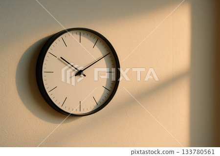 Minimal Wall Clock In Warm Sunlight Casting Soft Diagonal Shadow 133780561