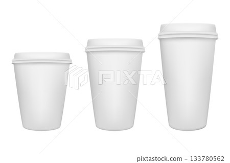 Paper Coffee Cup Set. Three White Paper Coffee Cups with Lids, Small Medium Large Takeaway Coffee Cup Sizes, Blank Paper Coffee Cup Mockup for Cafe Branding, Logo Design and Hot Drink Packaging 133780562
