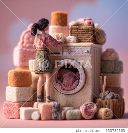 Cozy knitted-style scene of a woman loading a yarn-textured washing machine, surrounded by soft wool elements and handmade craft details. High quality photo 133780563