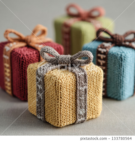 Colorful knitted gift boxes tied with soft yarn ribbons, offering a cozy handmade aesthetic perfect for holiday design, craft projects and warm festive visuals.. High quality photo 133780564