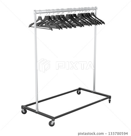 Clothing rack with black hangers, 3d rendering 133780594