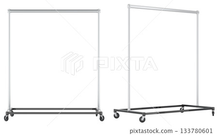 Metal clothing racks on wheels, front and side views. 3d rendering Metal clothing racks on wheels, front and side views. 3d rendering 133780601
