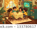 Friends gather for joyful Christmas dinner at home with warmth and laughter in cozy holiday setting 133780617