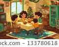 Friends gather for joyful Christmas dinner at home with warmth and laughter in cozy setting 133780618