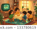 Friends sit at table in Christmas time at home with warmth and laughter in cozy setting 133780619