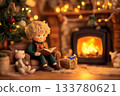 Joyful child reading a book by the fireplace during a cozy Christmas gathering 133780621