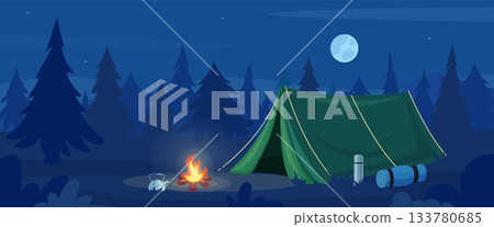 Night camp with tent. Overnight camping under starry sky, tourist camp with fire and accessories. Outdoor adventures, expedition, travel, nowaday vector scene Night camp with tent. Overnight camping under starry sky, tourist camp with fire and accessories. Outdoor adventures, expedition, travel, nowaday vector scene 133780685
