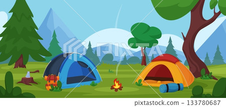 Camping landscape. Touristic tents, backpack and campfire. Expedition, leisure on nature. Resting zone in mountain forest, eco tourism, nowaday vector background Camping landscape. Touristic tents, backpack and campfire. Expedition, leisure on nature. Resting zone in mountain forest, eco tourism, nowaday vector background 133780687