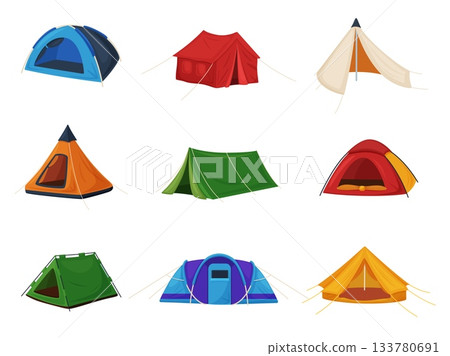 Cartoon camping tent. Touristic equipment for camp, leisure on nature. Accommodation for expeditions, outdoor family adventures, travel, nowaday vector clipart 133780691