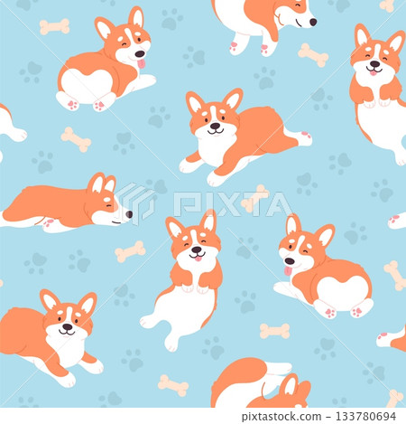 Corgi seamless pattern. Positive red puppies, cute corgis characters various poses. Funny print for fabric, wallpaper or wrapping, racy vector background 133780694