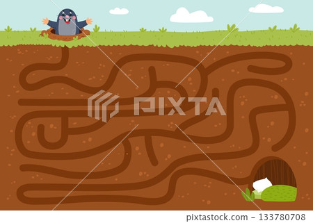 Mole maze game. Puzzle with cartoon mole, help rodent find way to home. Children development play, underground location with animal, classy vector scene Mole maze game. Puzzle with cartoon mole, help rodent find way to home. Children development play, underground location with animal, classy vector scene 133780708