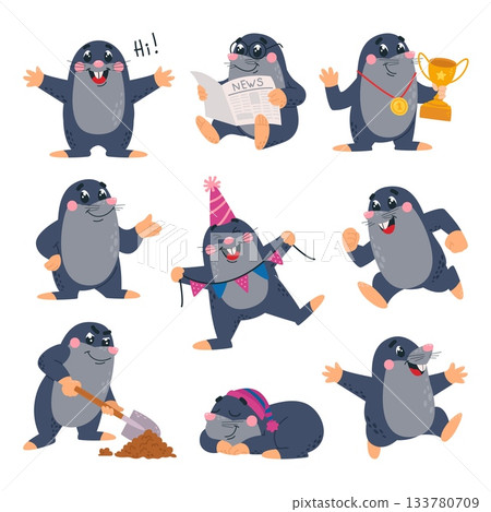 Little mole. Cartoon moles characters in various poses. Funny rodent sleeping reading running and walking, digging ground with shovel, classy vector animals 133780709