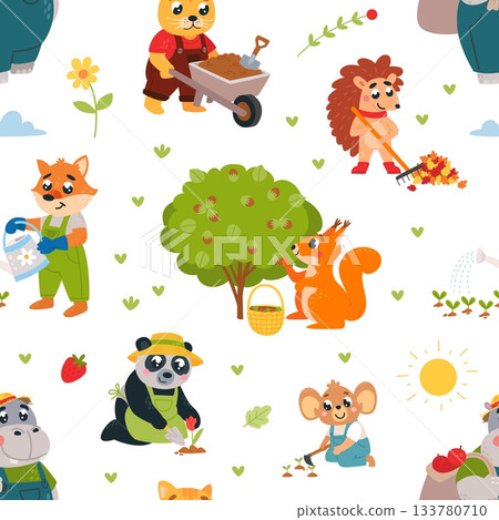 Planting seamless pattern. Funny animals growing plants, plant flowers, collect leaves. Animal gardeners print for fabric, wrapping, classy vector background 133780710