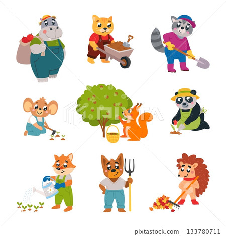 Animals working in garden. Cartoon gardeners, squirrel collect nuts, fox watering plants, hippo with apple harvest. Agriculture workers, children mascots classy vector set 133780711