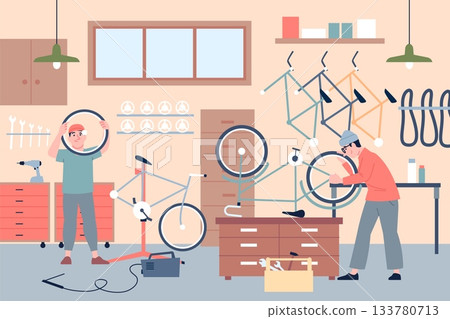 Bicycle repair service scene. Servicemen in bike workshop repairing bicycles. Bikes maintenance, working in garage, change chains, wheels, recent vector scene 133780713