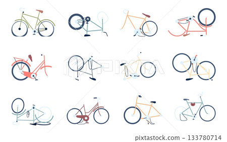 Broken bikes. Bicycle with flat tires and wheels, broken seat and fallen chain. Personal transport after road accident and requires repairs, recent vector set 133780714