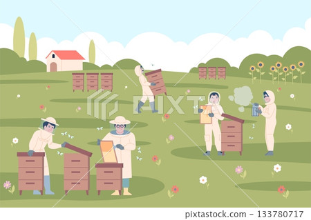 Apiary workers. Beekeepers raise bee, collect honey wearing special uniform. Farmers working on meadow with hives and honeycombs, recent vector scene Apiary workers. Beekeepers raise bee, collect honey wearing special uniform. Farmers working on meadow with hives and honeycombs, recent vector scene 133780717